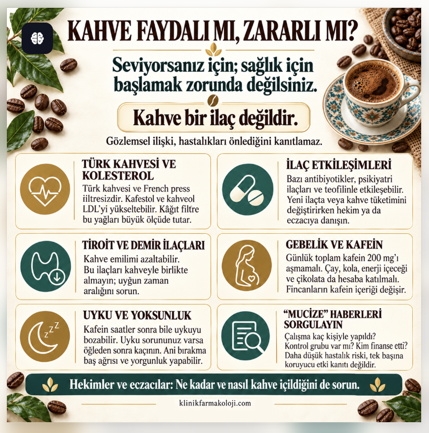 Kahve faydalı mı, zararlı mı? Okur için özet: Türk kahvesi ve kolesterol, ilaç etkileşimleri, tiroit ve demir ilaçları, gebelik, uyku, mucize haberler. İnfografik