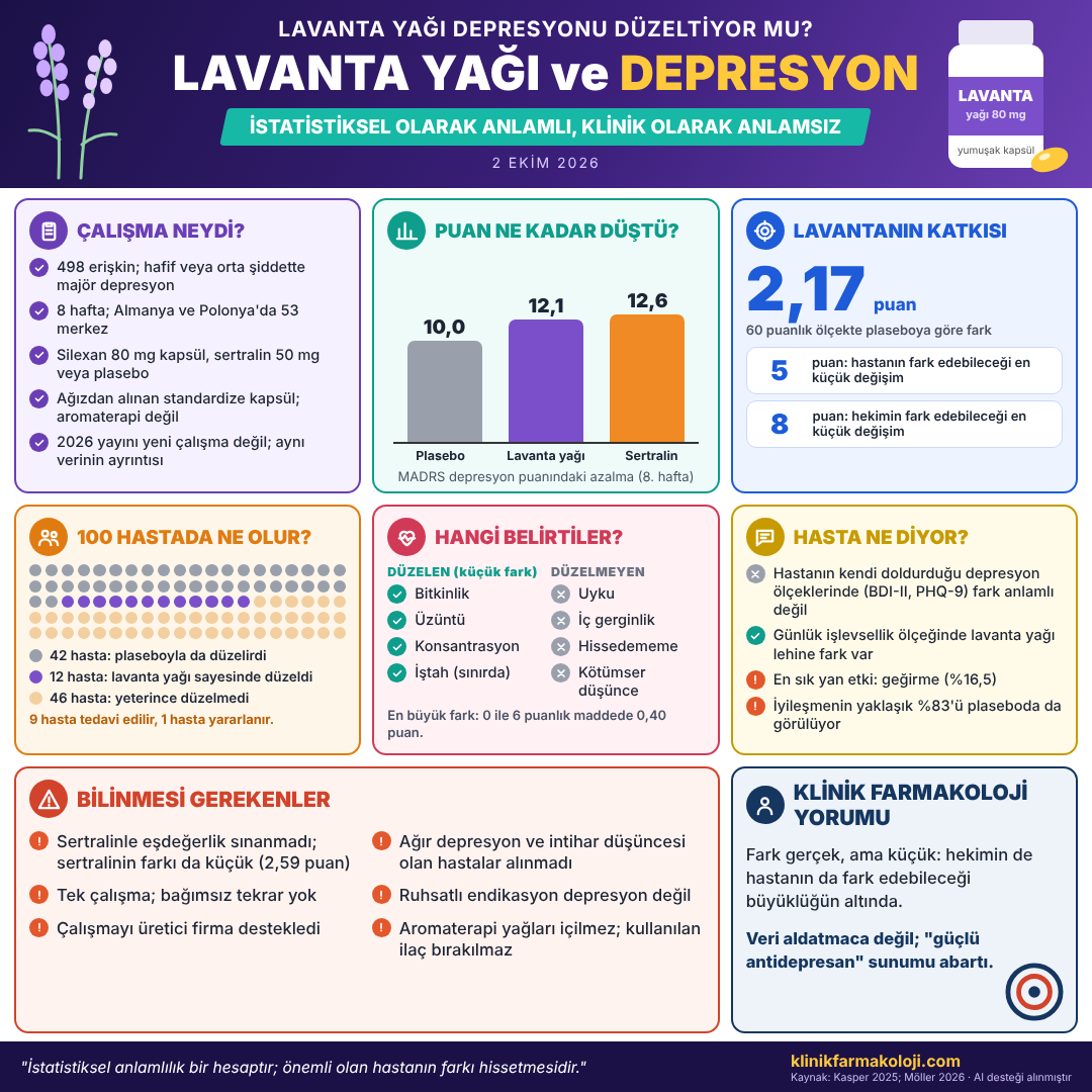Lavanta yağı ve depresyon: istatistiksel olarak anlamlı, klinik olarak anlamsız. İnfografik